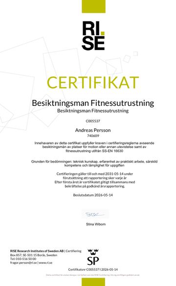 RISE-certifikat Besiktningsman Fitnessutrustning