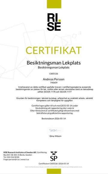 RISE-certifikat Besiktningsman Lekplats